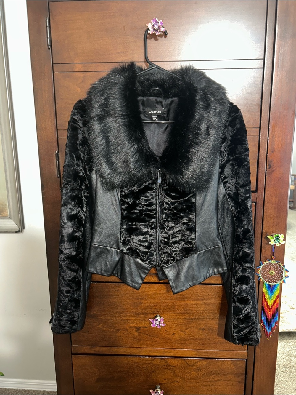 Bebe Black Faux Fur/Leather Jacket XS